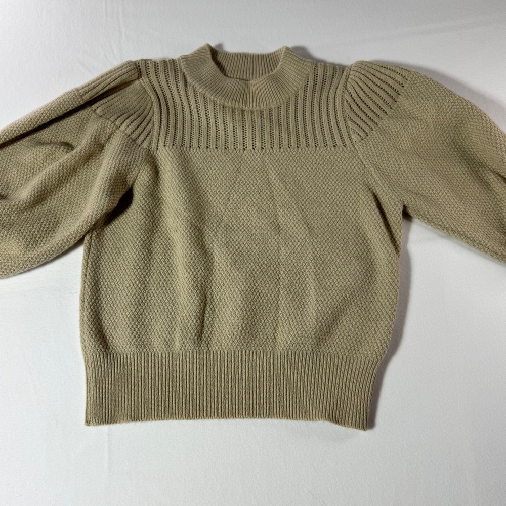 One Twelfth Sweater Womens Medium Tan Beige Puff Sleeve Pointelle Knit Mock Neck